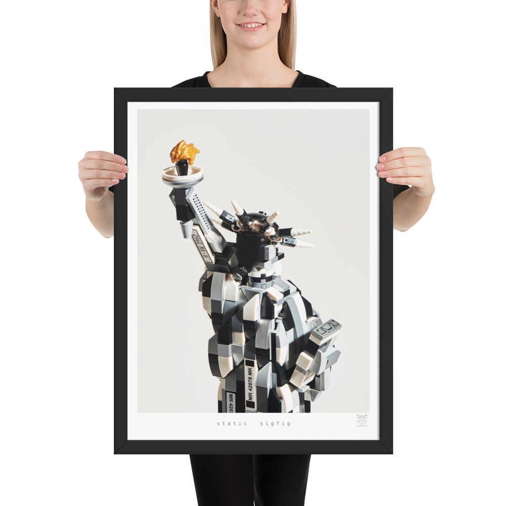Static Sigfig - Framed brickdistorted LEGO® Statue of Liberty Print