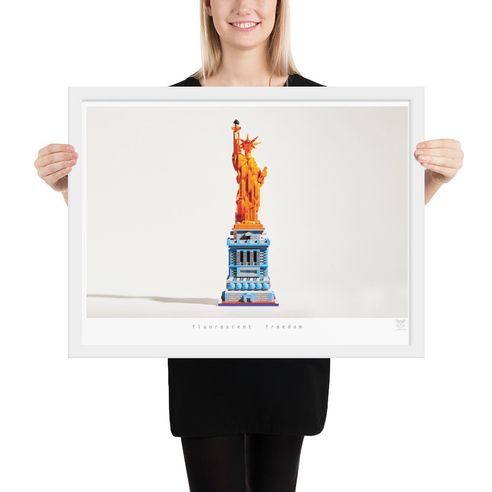 Fluorescent Freedom - Framed brickdistorted LEGO® Statue of Liberty Print