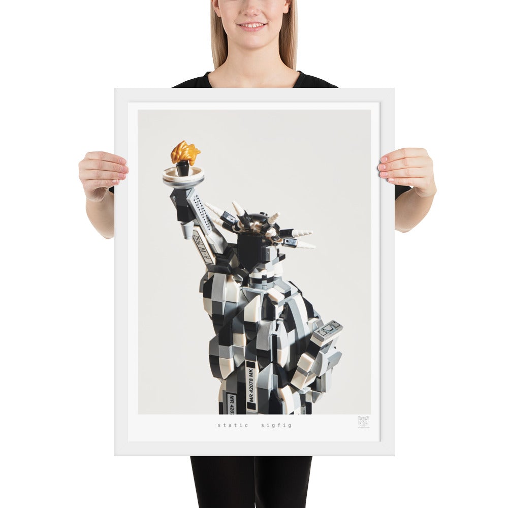 Static Sigfig - Framed brickdistorted LEGO® Statue of Liberty Print