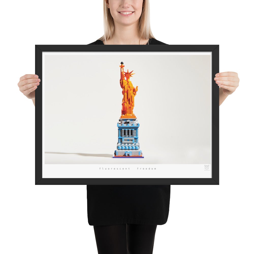 Fluorescent Freedom - Framed brickdistorted LEGO® Statue of Liberty Print